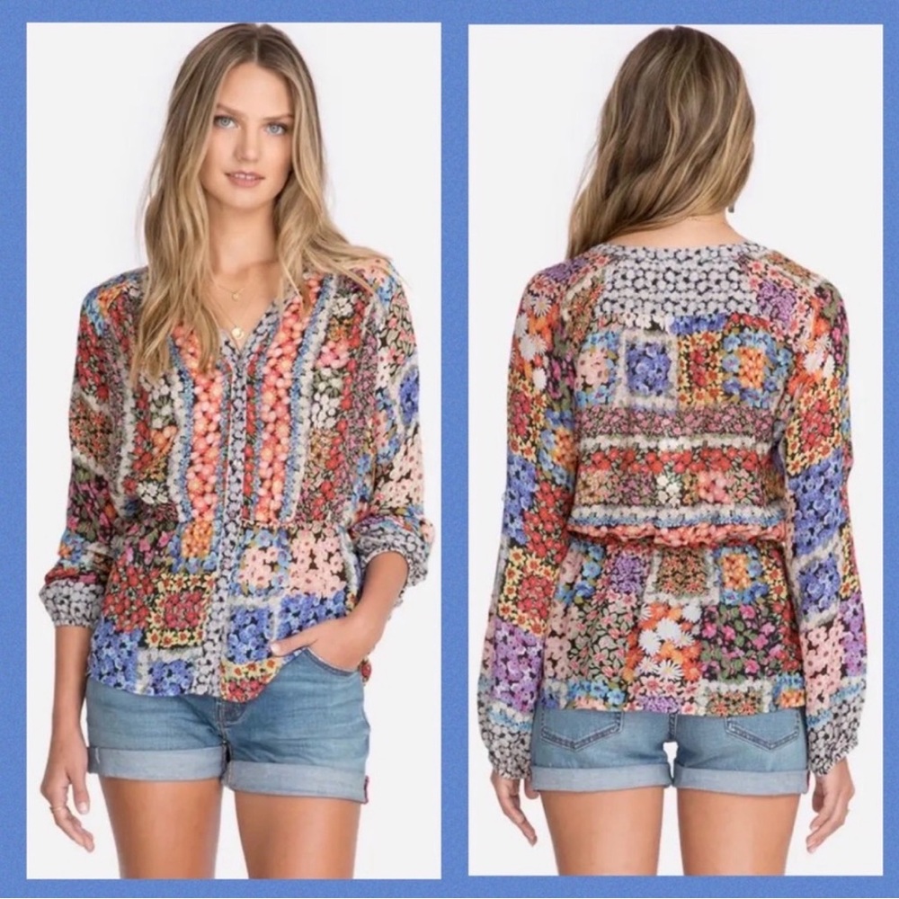 Johnny Was Multicolor Floral Patchwork V-Neck Tunic